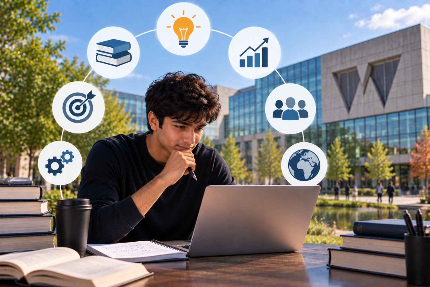 Student studying on a laptop at a modern university campus, surrounded by books and visual icons representing business, analytics, teamwork, global learning, problem-solving, and academic goals in the Warwick MiM curriculum.